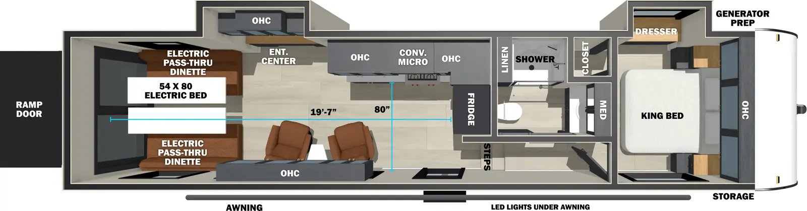 The Shockwave 3300 floorplan is a toy hauler that has one entry and two slide outs. Exterior features include: fiberglass exterior. Interiors features include: front bedroom.